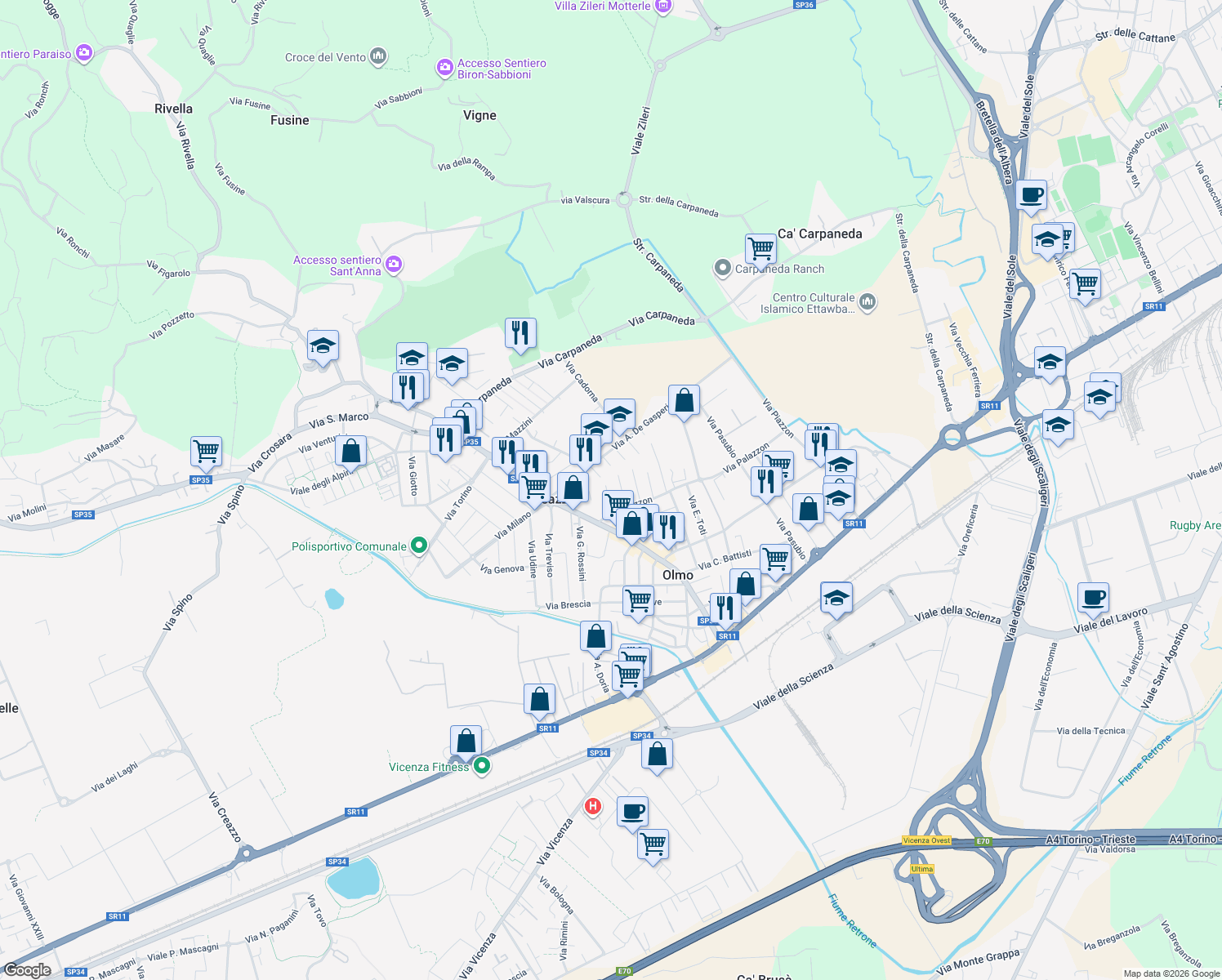 map of restaurants, bars, coffee shops, grocery stores, and more near 10 Via T. Dal Molin in Creazzo