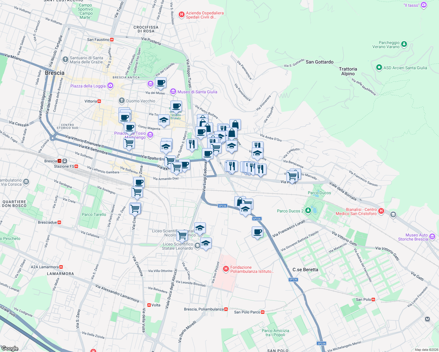map of restaurants, bars, coffee shops, grocery stores, and more near 26 Viale Duca D'Aosta in Brescia