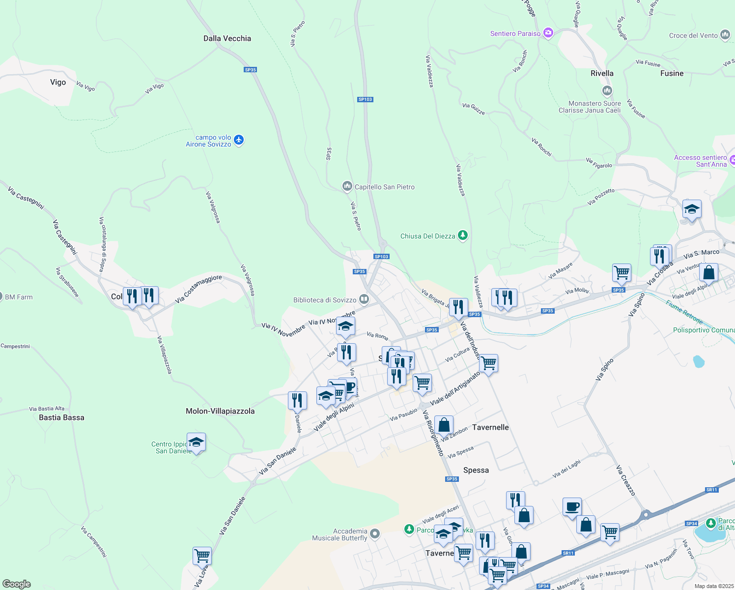map of restaurants, bars, coffee shops, grocery stores, and more near 22 Via San Michele in Sovizzo