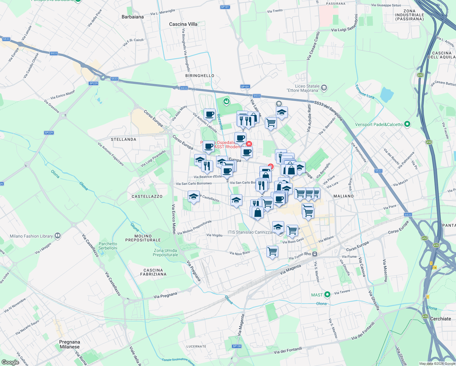 map of restaurants, bars, coffee shops, grocery stores, and more near 21 Via Cornaggia in Rho