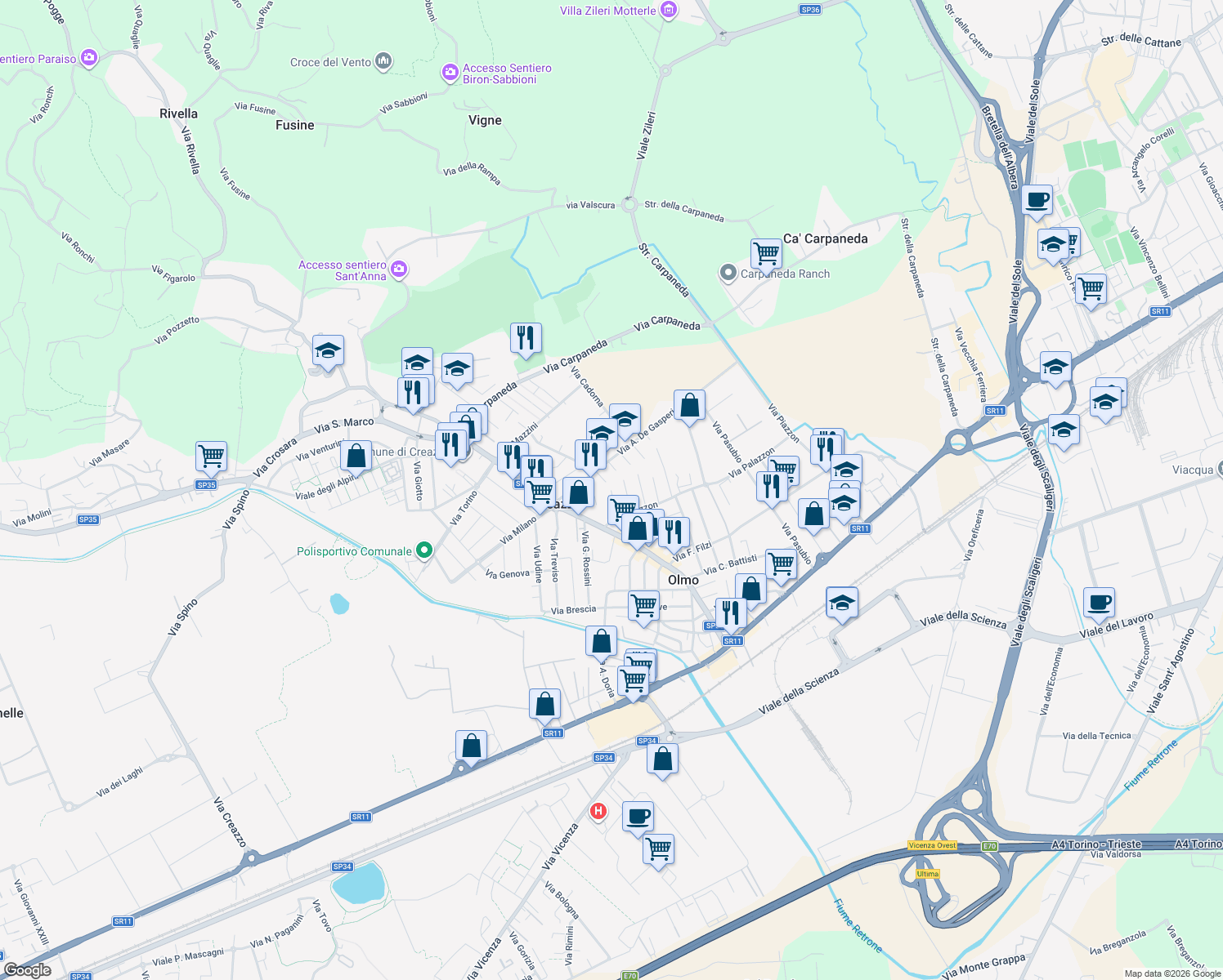 map of restaurants, bars, coffee shops, grocery stores, and more near 10 Via T. Dal Molin in Creazzo