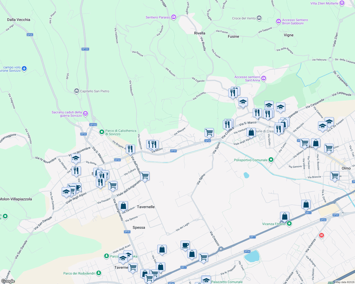 map of restaurants, bars, coffee shops, grocery stores, and more near 82 Via Molini in Creazzo