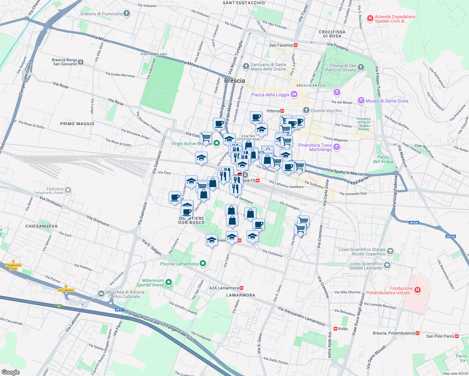 map of restaurants, bars, coffee shops, grocery stores, and more near 32 Via Sostegno in Brescia