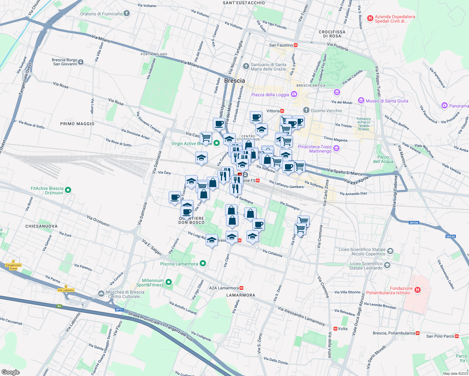 map of restaurants, bars, coffee shops, grocery stores, and more near 32 Via Sostegno in Brescia
