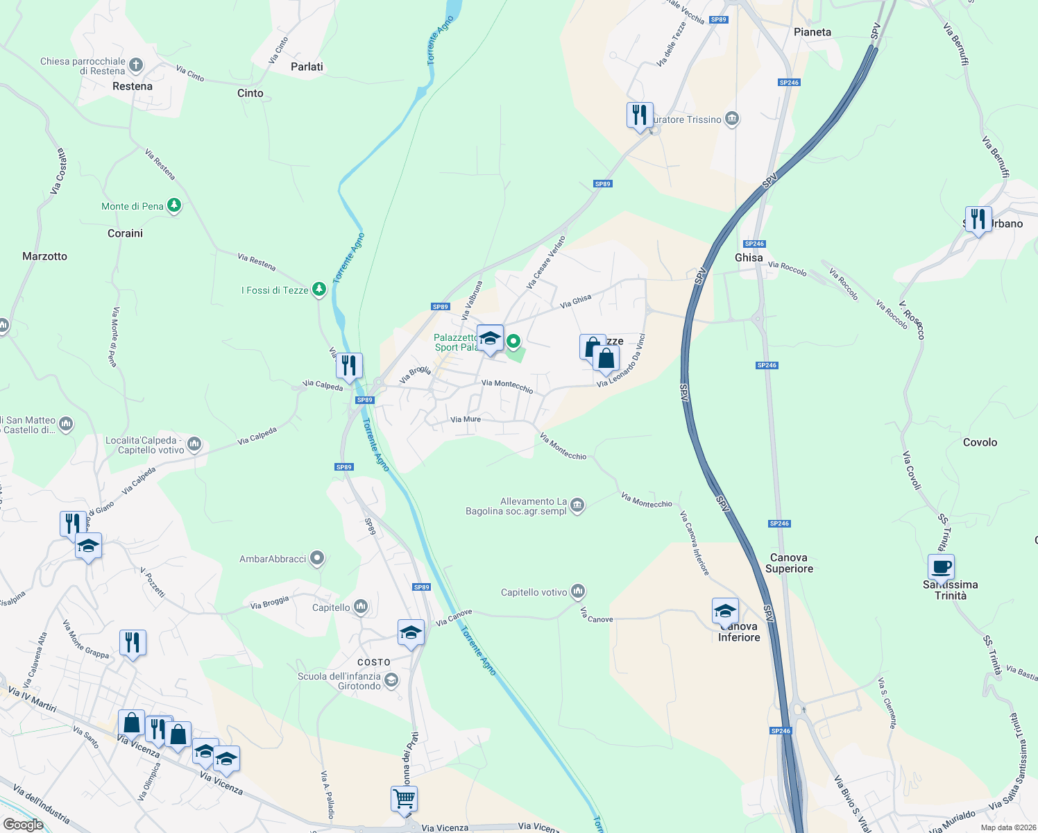 map of restaurants, bars, coffee shops, grocery stores, and more near 33 bis Via Mure in Tezze