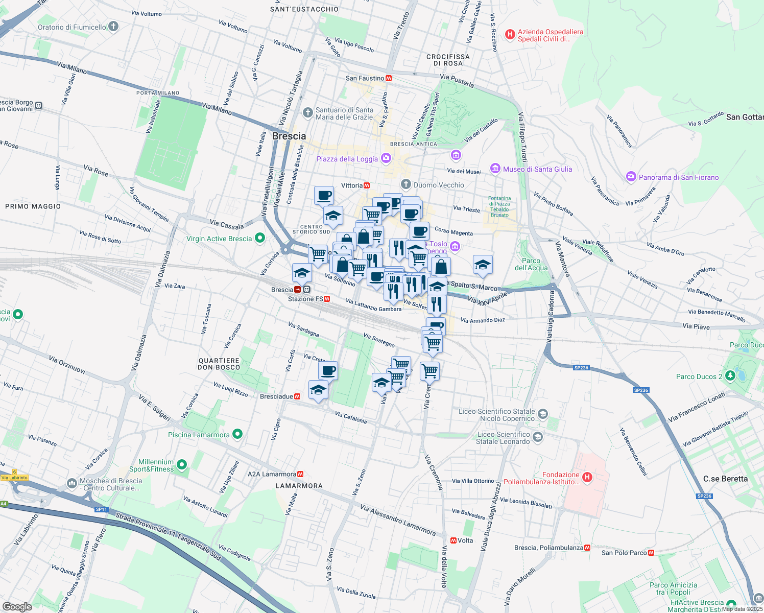 map of restaurants, bars, coffee shops, grocery stores, and more near 75 Via Lattanzio Gambara in Brescia