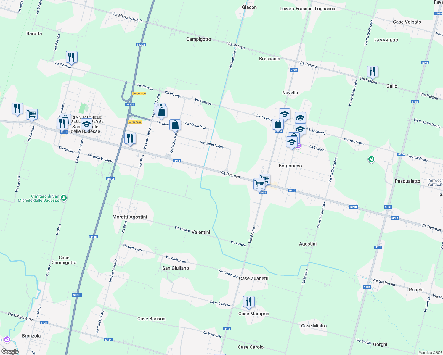 map of restaurants, bars, coffee shops, grocery stores, and more near 291 Via Desman in Borgoricco