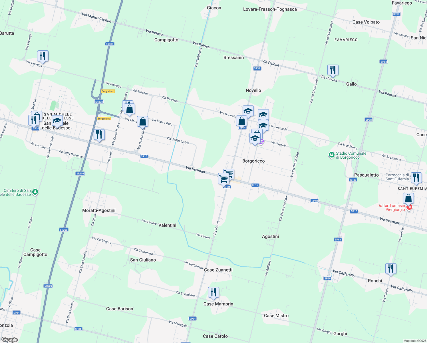 map of restaurants, bars, coffee shops, grocery stores, and more near 198 Via Desman in Borgoricco
