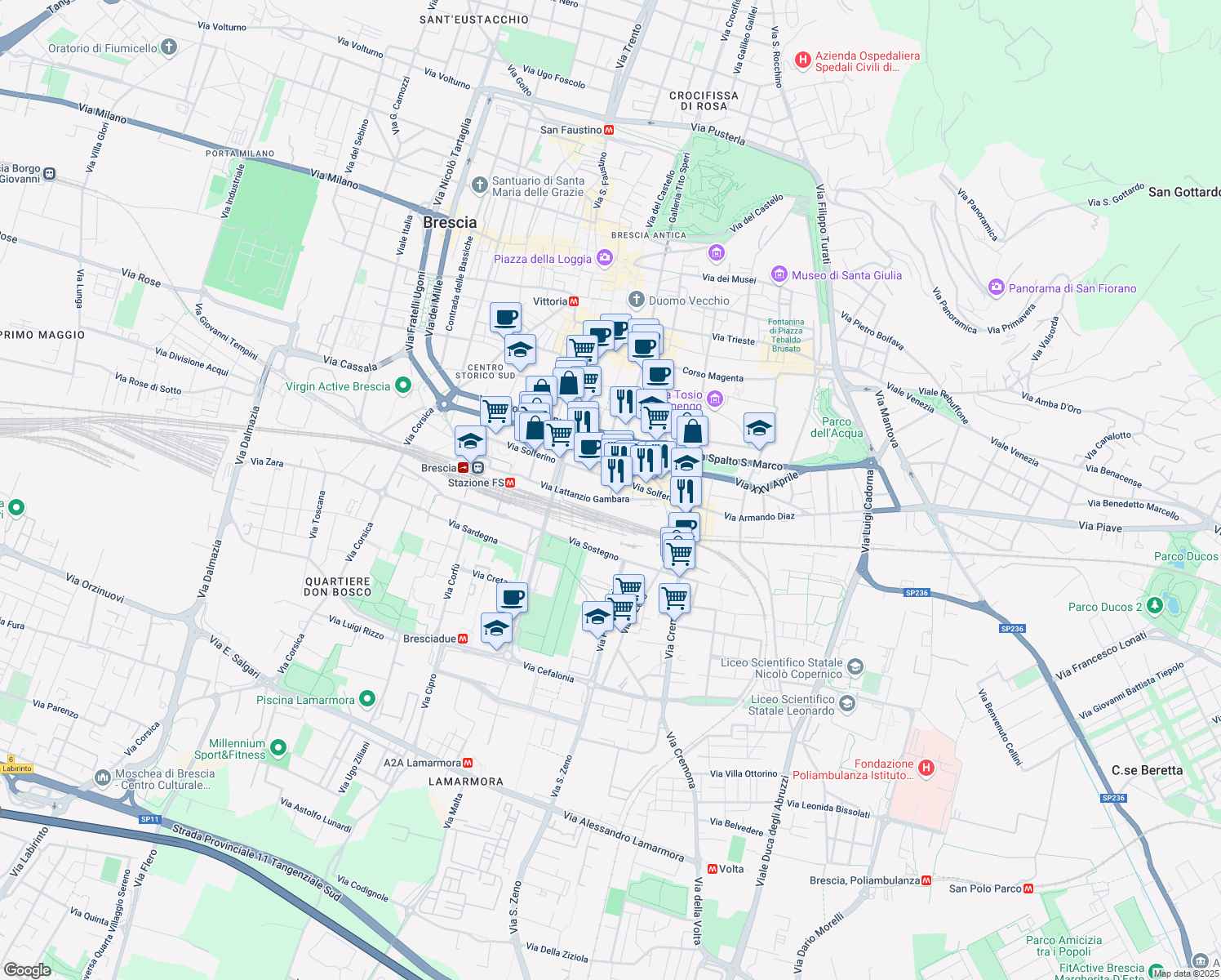 map of restaurants, bars, coffee shops, grocery stores, and more near 75 Via Lattanzio Gambara in Brescia