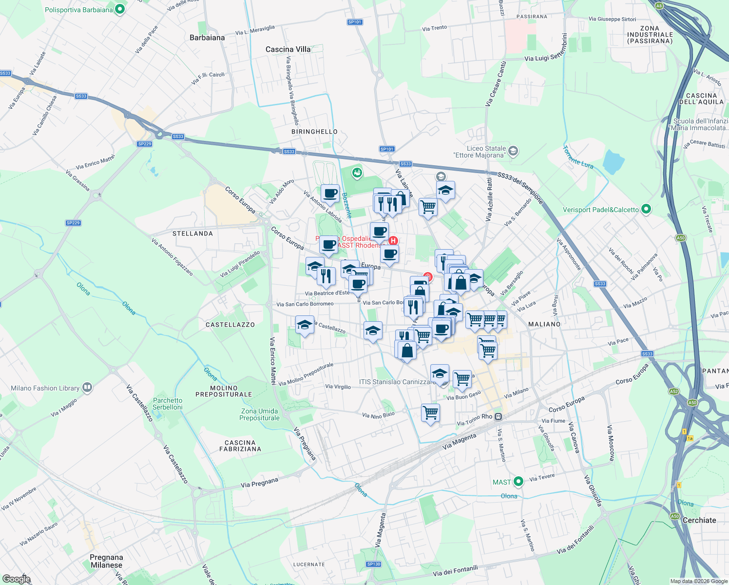 map of restaurants, bars, coffee shops, grocery stores, and more near 21 Via Cornaggia in Rho