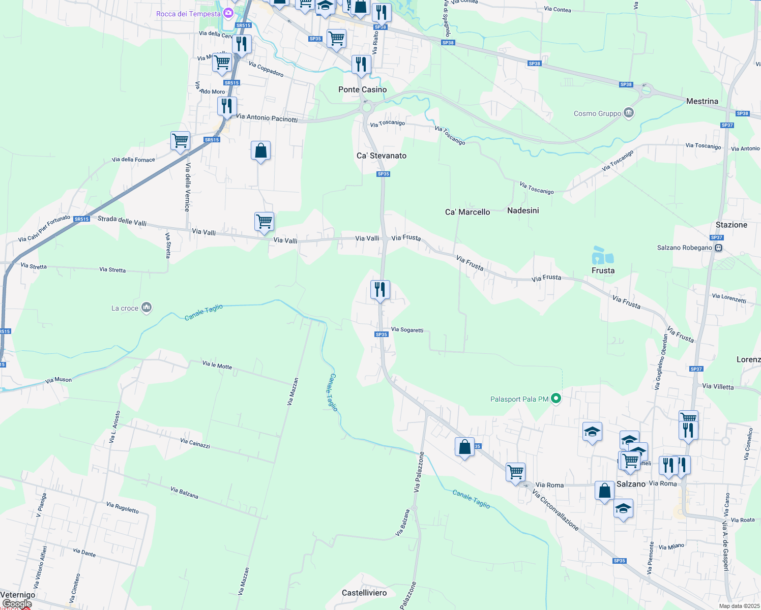 map of restaurants, bars, coffee shops, grocery stores, and more near Strada Provinciale 35 in Province of Venice