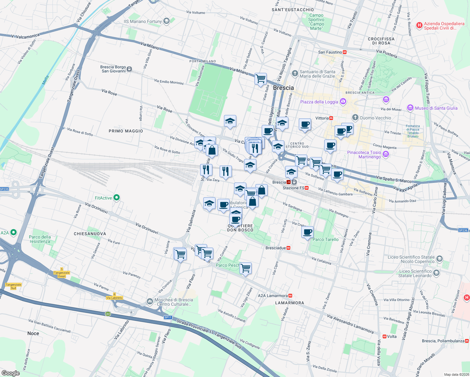 map of restaurants, bars, coffee shops, grocery stores, and more near 44 Via Zara in Brescia