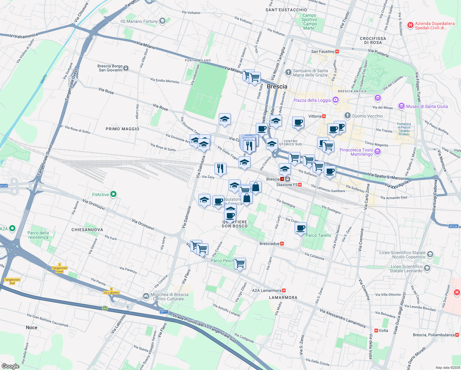 map of restaurants, bars, coffee shops, grocery stores, and more near 22 Via Zara in Brescia