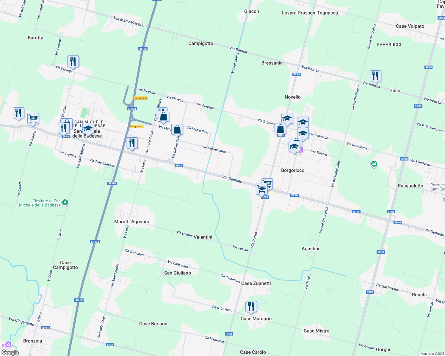 map of restaurants, bars, coffee shops, grocery stores, and more near 291 Via Desman in Borgoricco