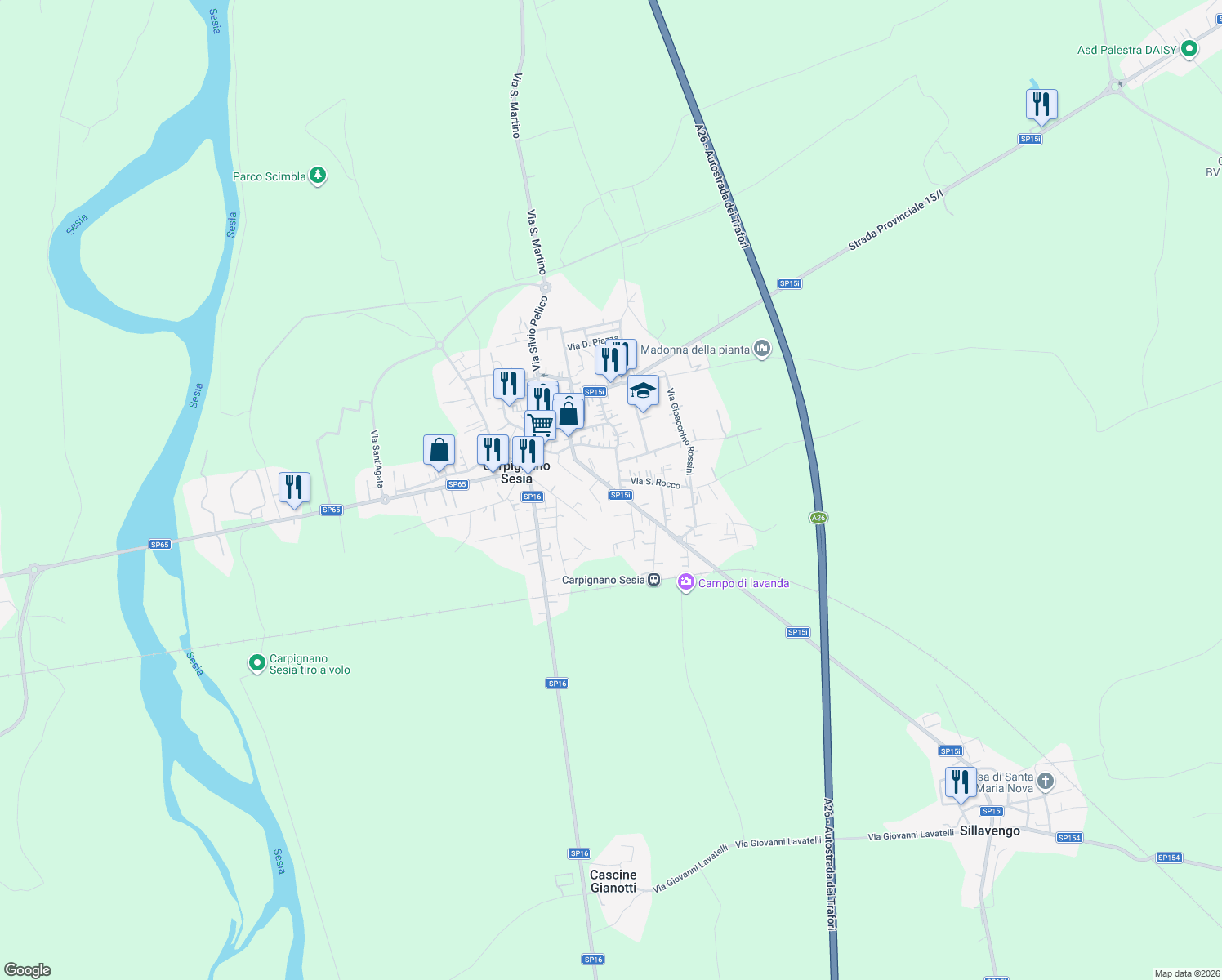 map of restaurants, bars, coffee shops, grocery stores, and more near 20 Via Ugo Foscolo in Carpignano Sesia
