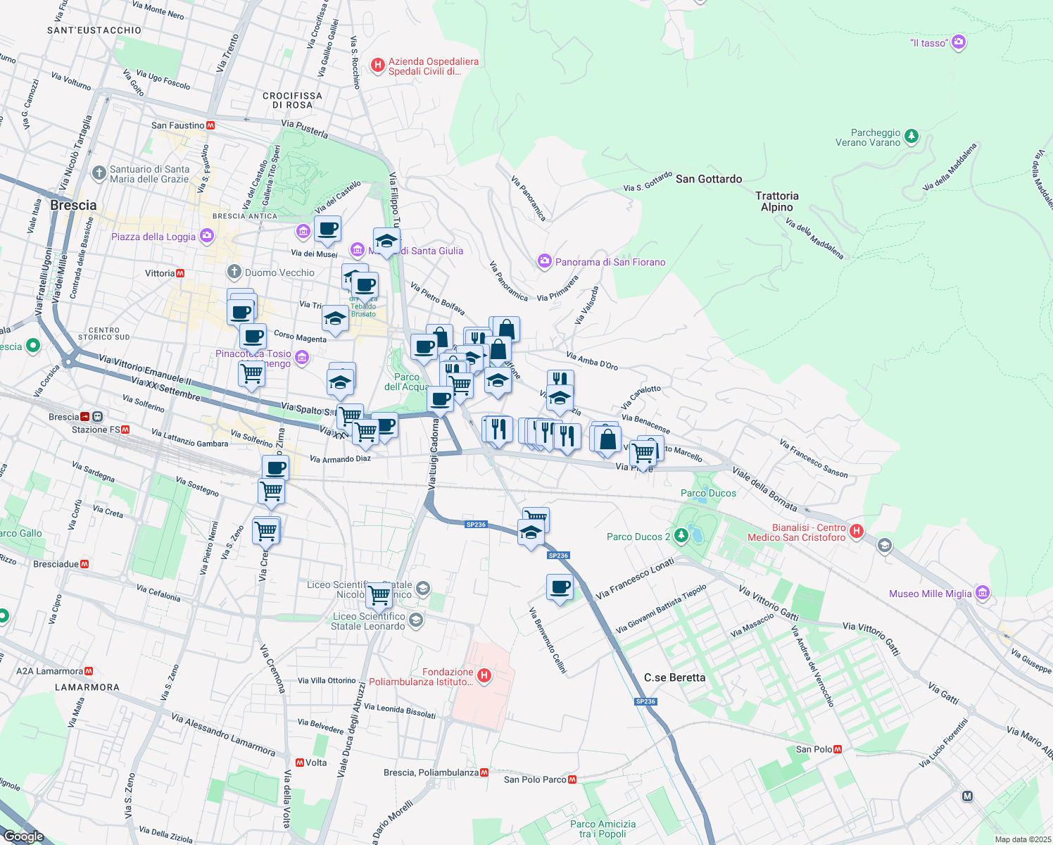 map of restaurants, bars, coffee shops, grocery stores, and more near 21 Via Naviglio Grande in Brescia