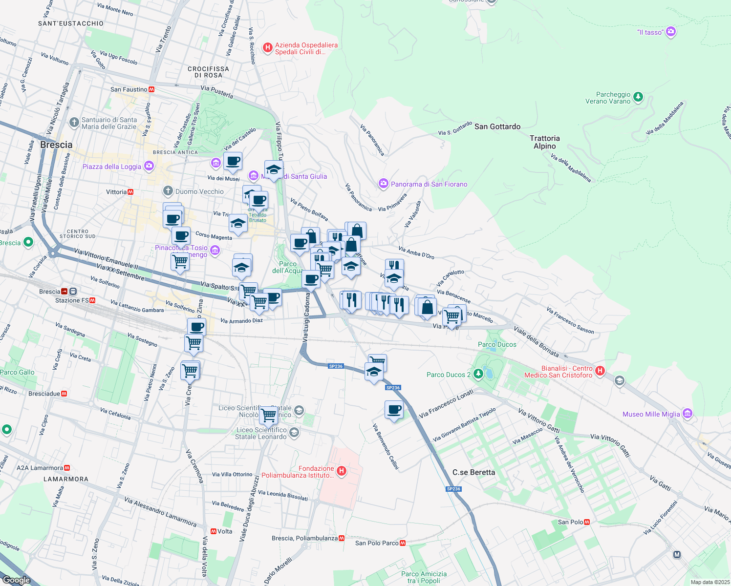 map of restaurants, bars, coffee shops, grocery stores, and more near 21 Via Naviglio Grande in Brescia