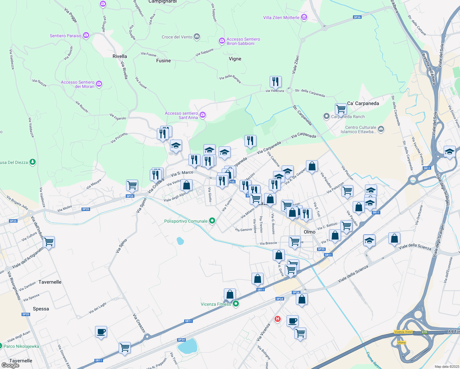 map of restaurants, bars, coffee shops, grocery stores, and more near 221 Viale Italia in Creazzo
