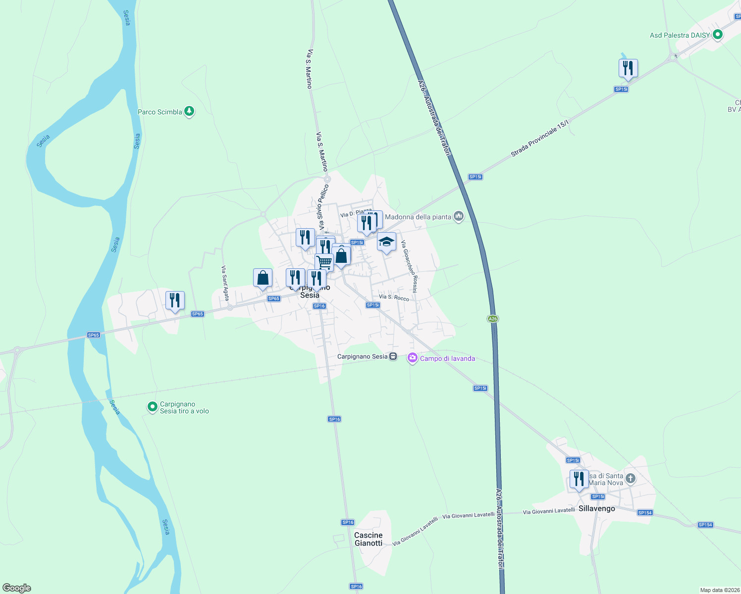 map of restaurants, bars, coffee shops, grocery stores, and more near 20 Via Ugo Foscolo in Carpignano Sesia