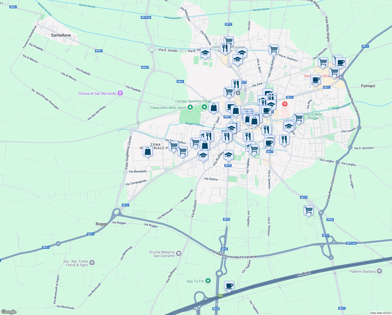 map of restaurants, bars, coffee shops, grocery stores, and more near 9A Via Milano in Chiari