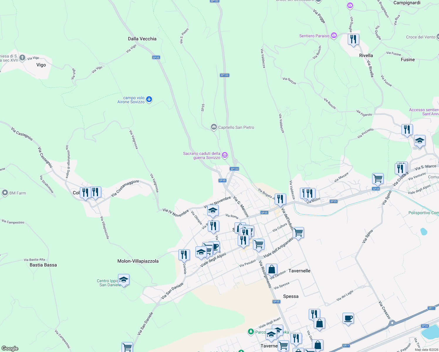 map of restaurants, bars, coffee shops, grocery stores, and more near 49 Via Valle in Sovizzo