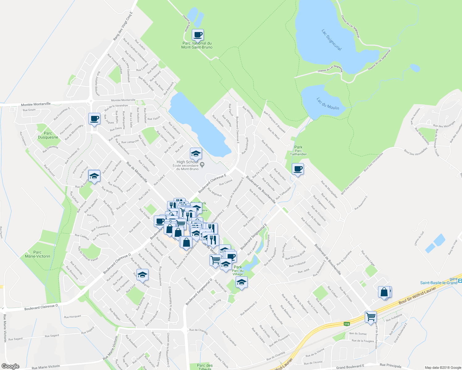 map of restaurants, bars, coffee shops, grocery stores, and more near 291 Chemin de la Rabastalière Est in Saint-Bruno-de-Montarville