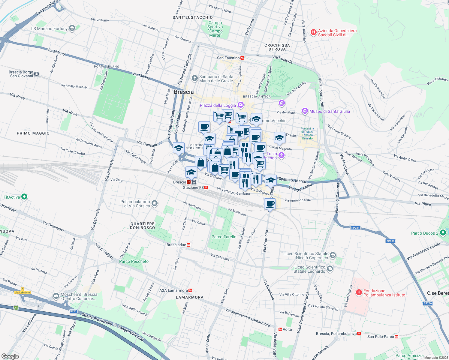 map of restaurants, bars, coffee shops, grocery stores, and more near 50 Cavalcavia John F. Kennedy in Brescia