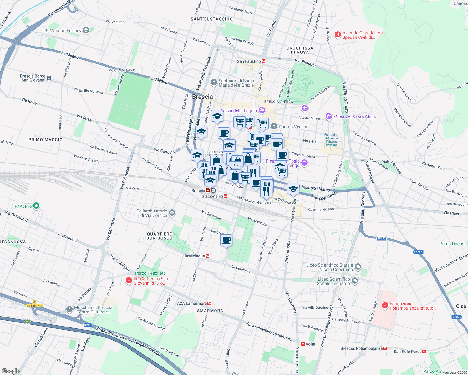 map of restaurants, bars, coffee shops, grocery stores, and more near 4 Via Romanino Gerolamo in Brescia