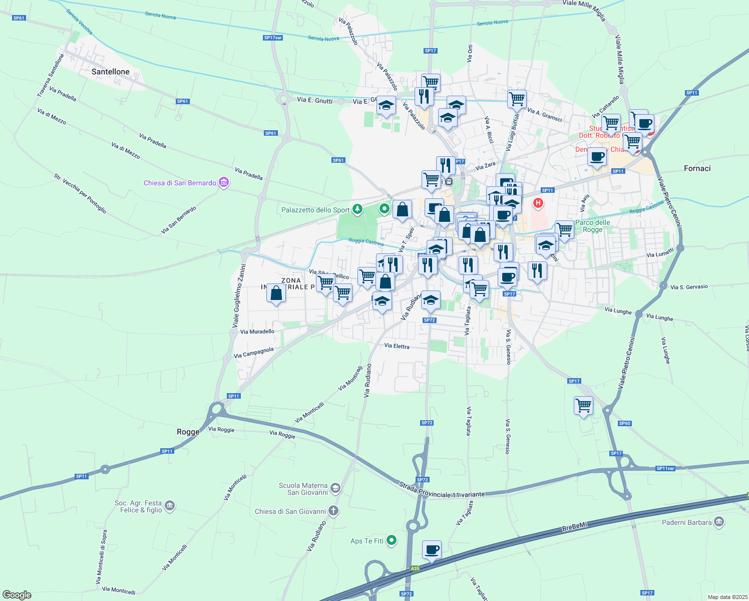 map of restaurants, bars, coffee shops, grocery stores, and more near 9A Via Milano in Chiari