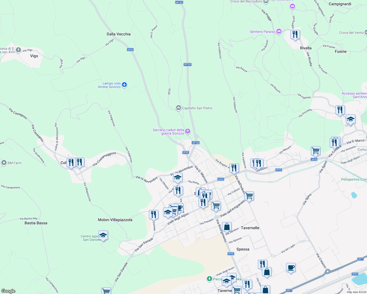 map of restaurants, bars, coffee shops, grocery stores, and more near 49 Via Valle in Sovizzo