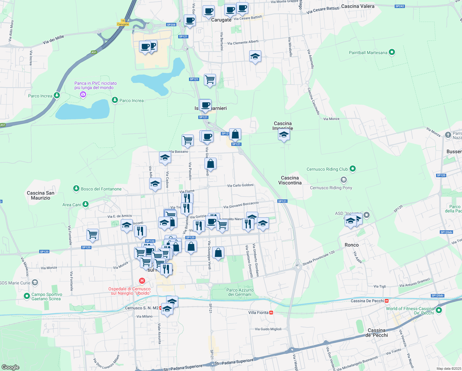 map of restaurants, bars, coffee shops, grocery stores, and more near Via Carlo Goldoni in Cernusco sul Naviglio