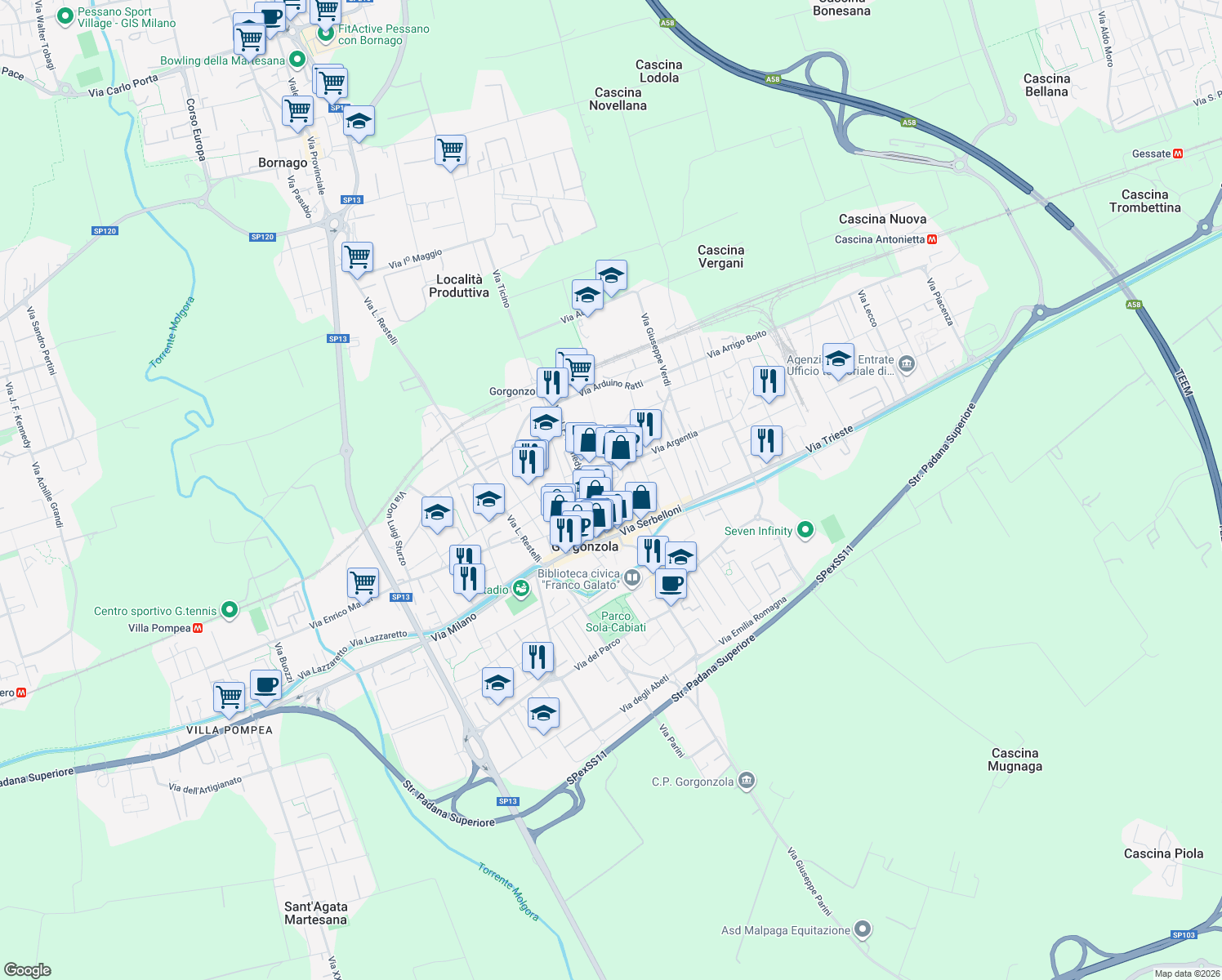 map of restaurants, bars, coffee shops, grocery stores, and more near 15 Via IV Novembre in Gorgonzola