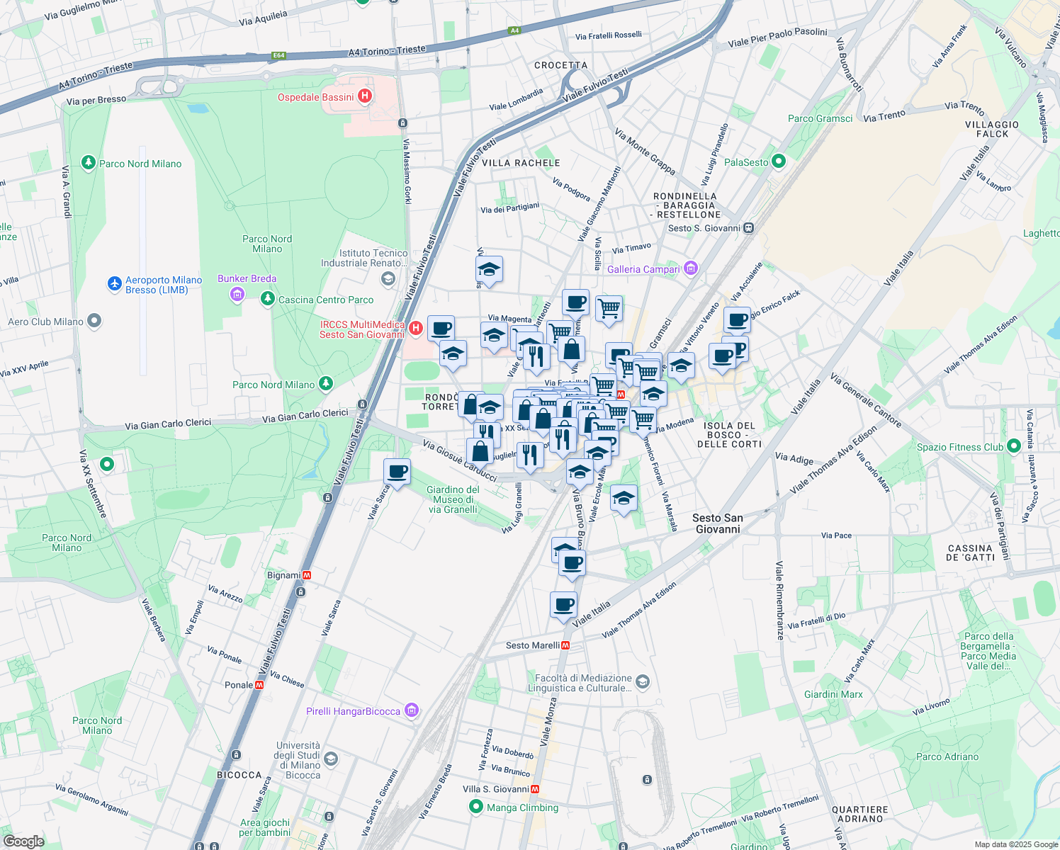 map of restaurants, bars, coffee shops, grocery stores, and more near 44 Via XX Settembre in Sesto San Giovanni