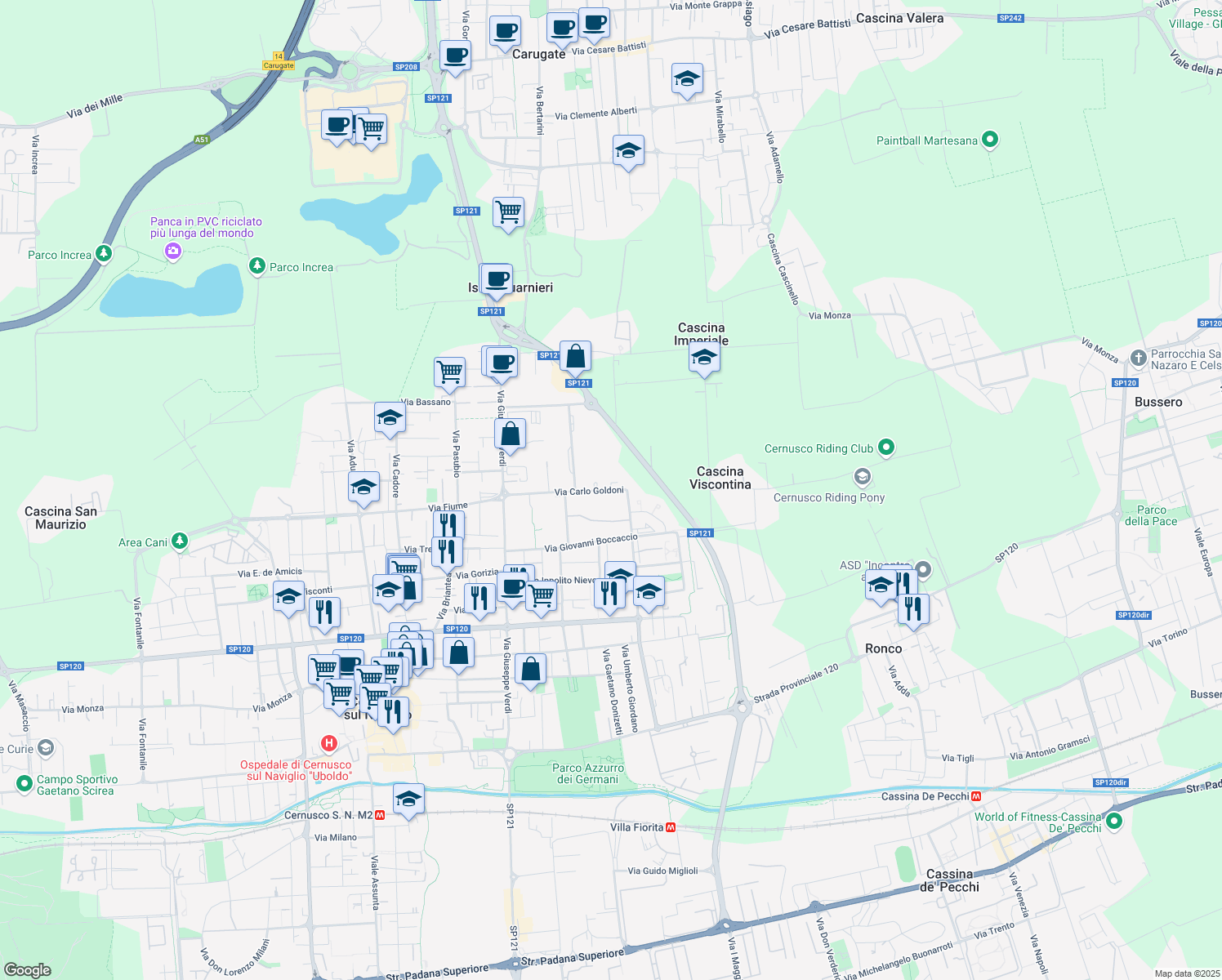 map of restaurants, bars, coffee shops, grocery stores, and more near Via Carlo Goldoni in Cernusco sul Naviglio