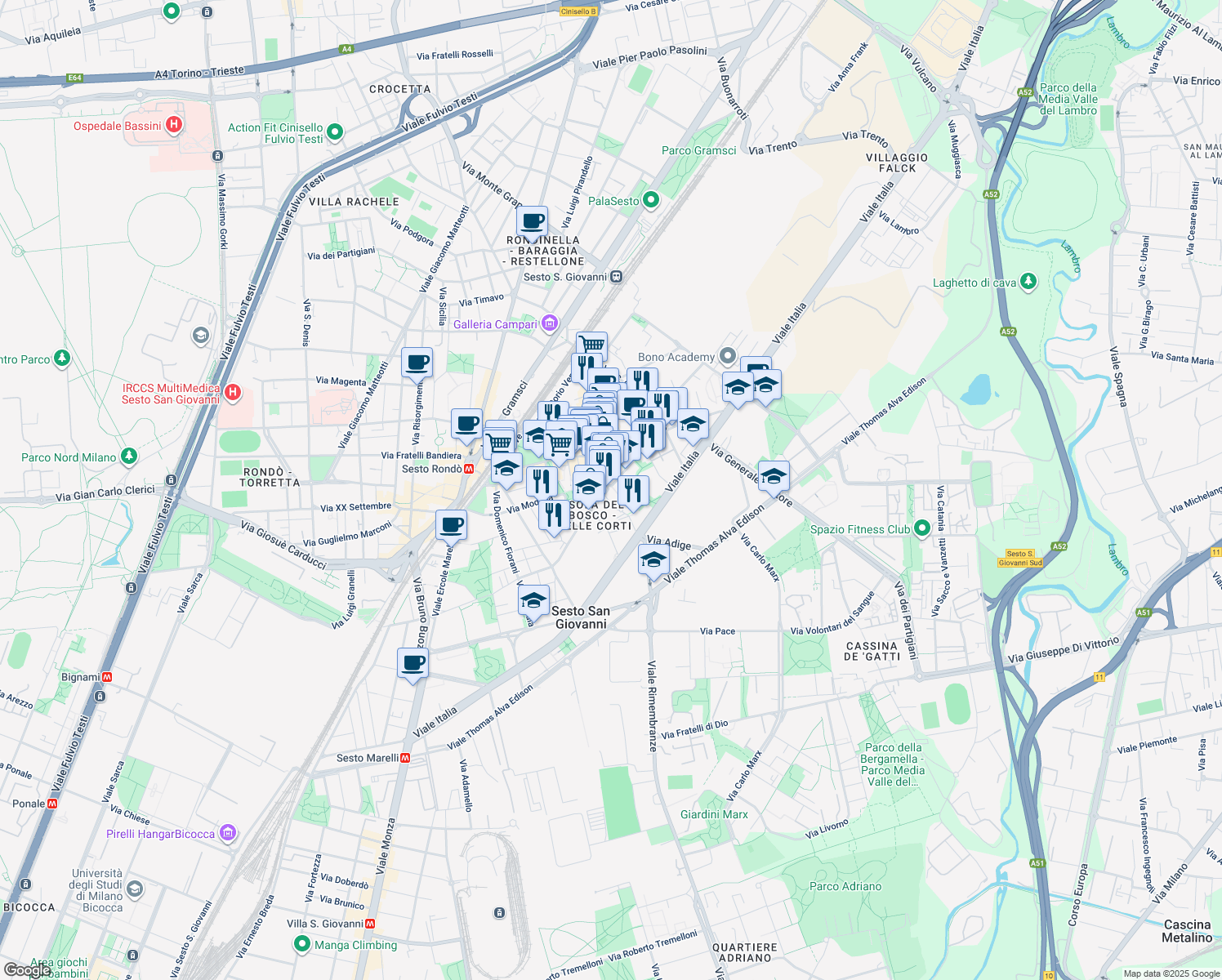 map of restaurants, bars, coffee shops, grocery stores, and more near 9 Via Stoppani Antonio in Sesto San Giovanni