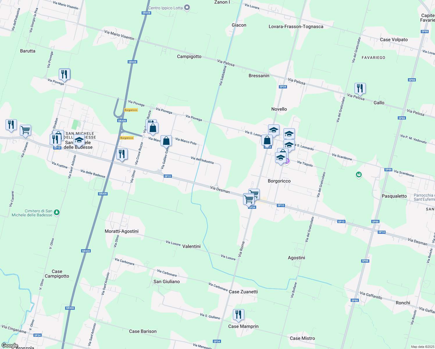 map of restaurants, bars, coffee shops, grocery stores, and more near 3a Via dell'Industria in Borgoricco