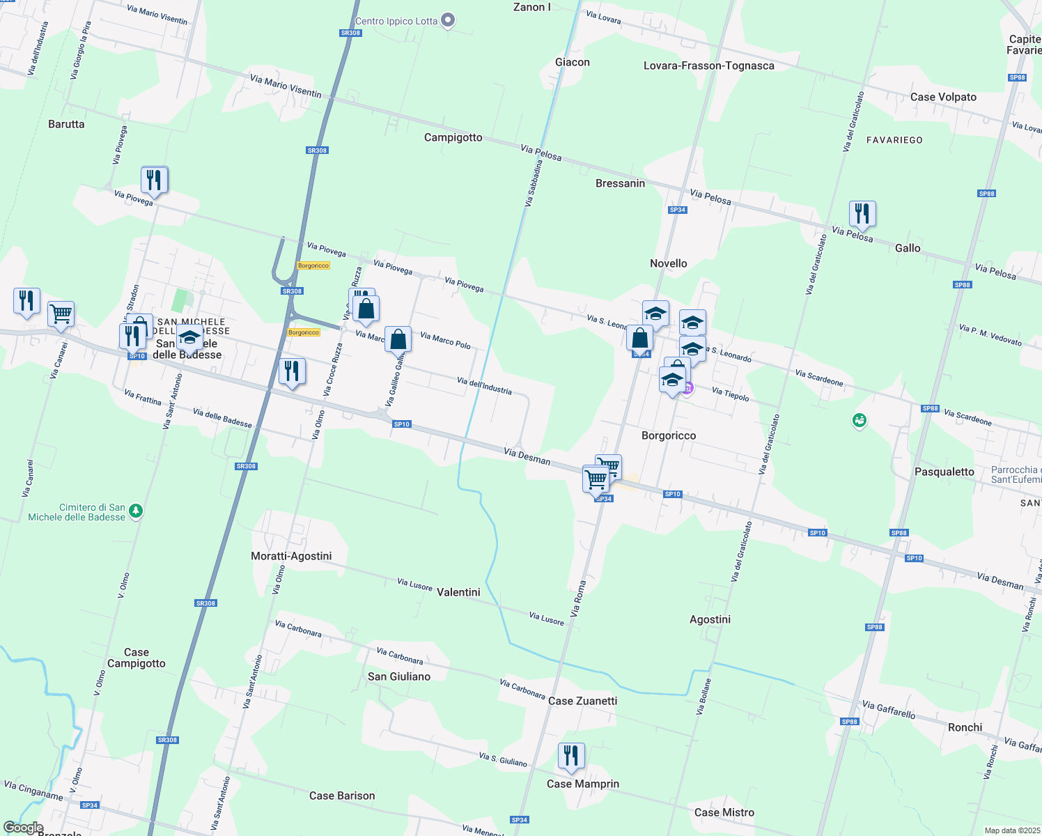 map of restaurants, bars, coffee shops, grocery stores, and more near 3a Via dell'Industria in Borgoricco