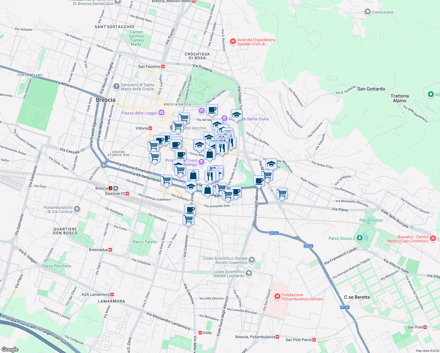 map of restaurants, bars, coffee shops, grocery stores, and more near 6 Via Antonio Callegari in Brescia