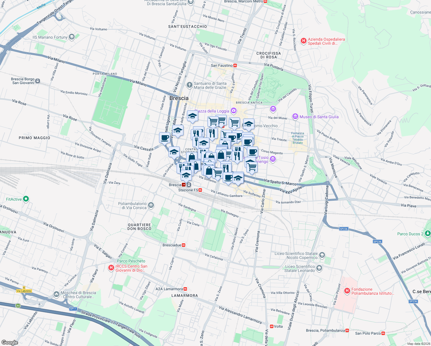 map of restaurants, bars, coffee shops, grocery stores, and more near 4 Via Romanino Gerolamo in Brescia