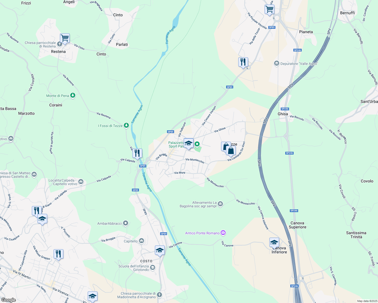 map of restaurants, bars, coffee shops, grocery stores, and more near 2 Via Goffredo Mameli in Tezze