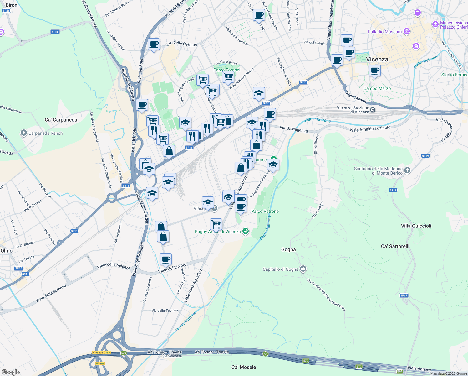 map of restaurants, bars, coffee shops, grocery stores, and more near Via Papa Achille in Vicenza