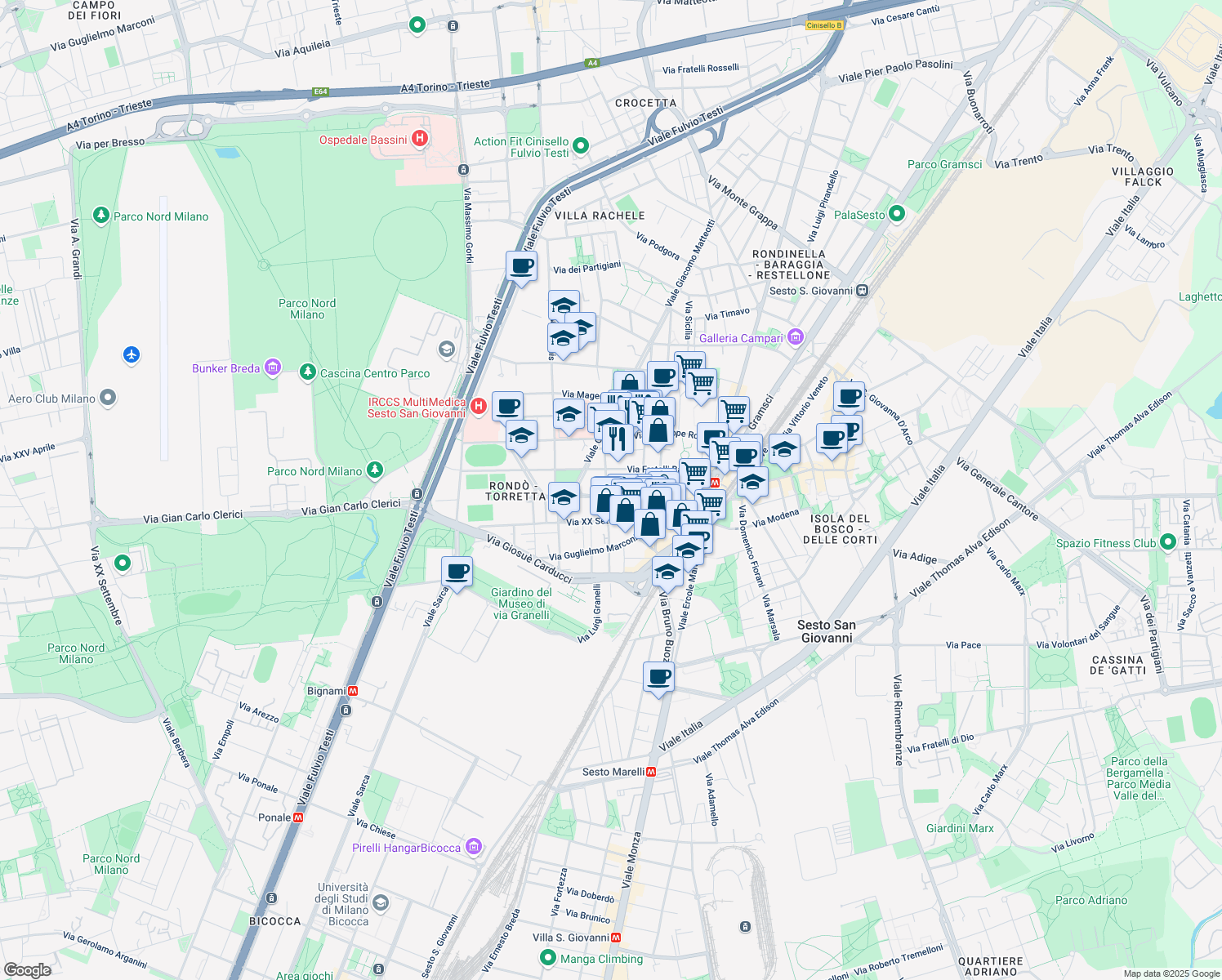 map of restaurants, bars, coffee shops, grocery stores, and more near 5 Via Pasubio in Sesto San Giovanni