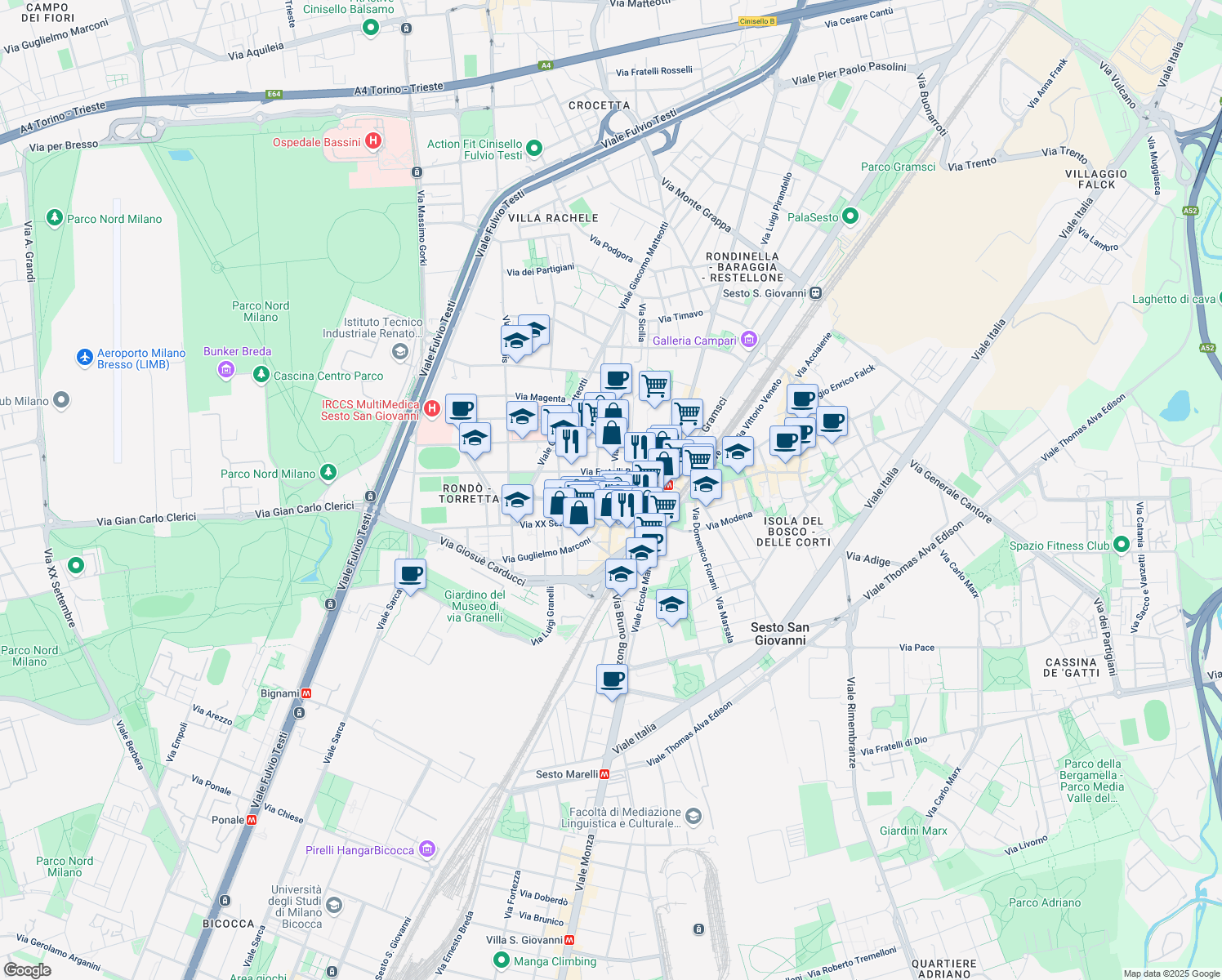 map of restaurants, bars, coffee shops, grocery stores, and more near 77 Via Risorgimento in Sesto San Giovanni
