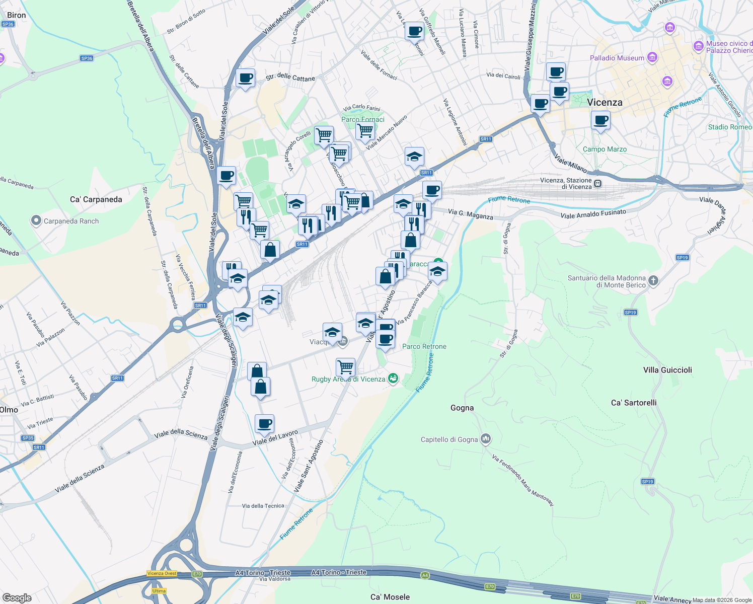 map of restaurants, bars, coffee shops, grocery stores, and more near Via Papa Achille in Vicenza