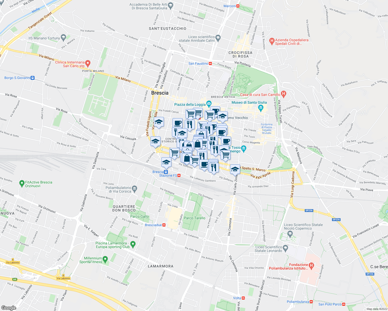map of restaurants, bars, coffee shops, grocery stores, and more near in Brescia