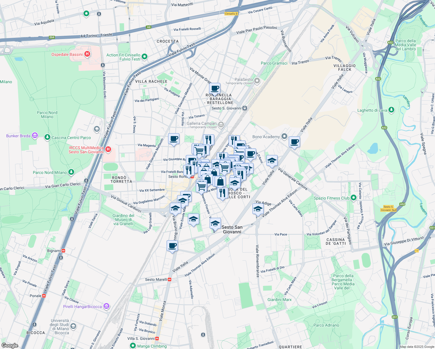 map of restaurants, bars, coffee shops, grocery stores, and more near 18 Via dei Giardini in Sesto San Giovanni