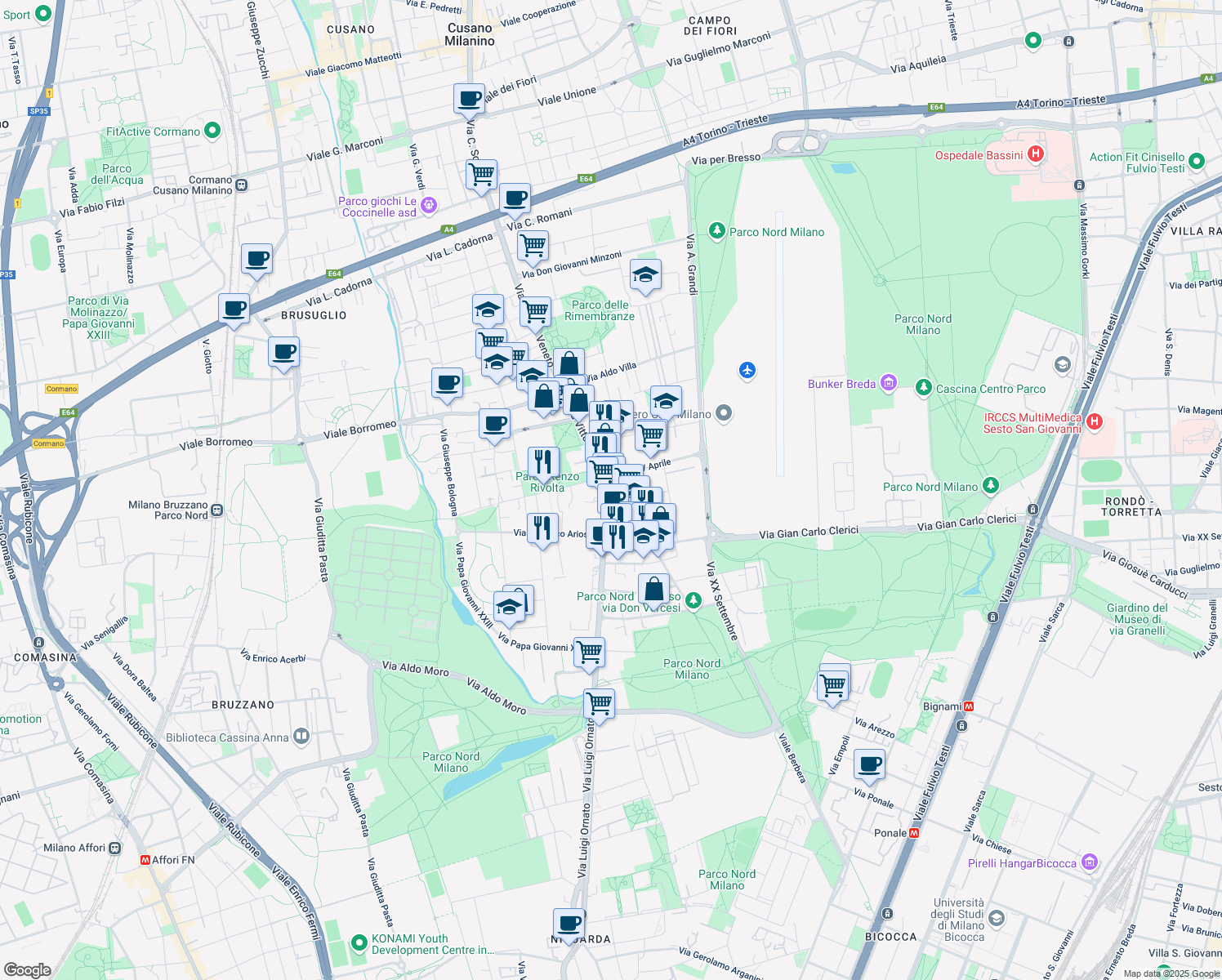 map of restaurants, bars, coffee shops, grocery stores, and more near 88 Via Vittorio Veneto in Bresso