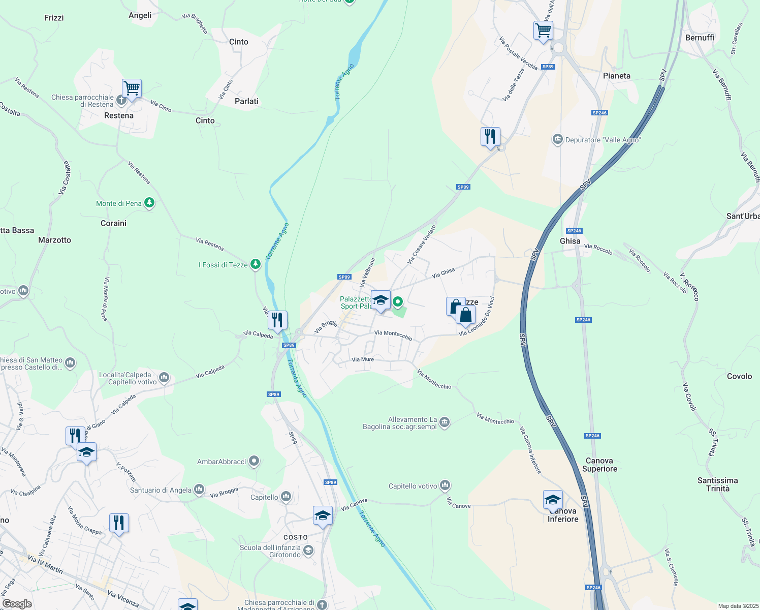 map of restaurants, bars, coffee shops, grocery stores, and more near 2 Via Goffredo Mameli in Tezze