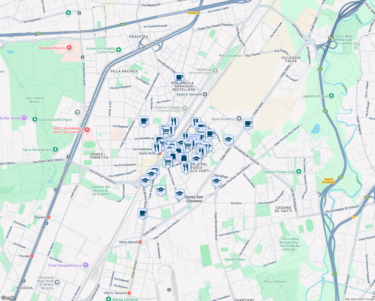 map of restaurants, bars, coffee shops, grocery stores, and more near 18 Via dei Giardini in Sesto San Giovanni
