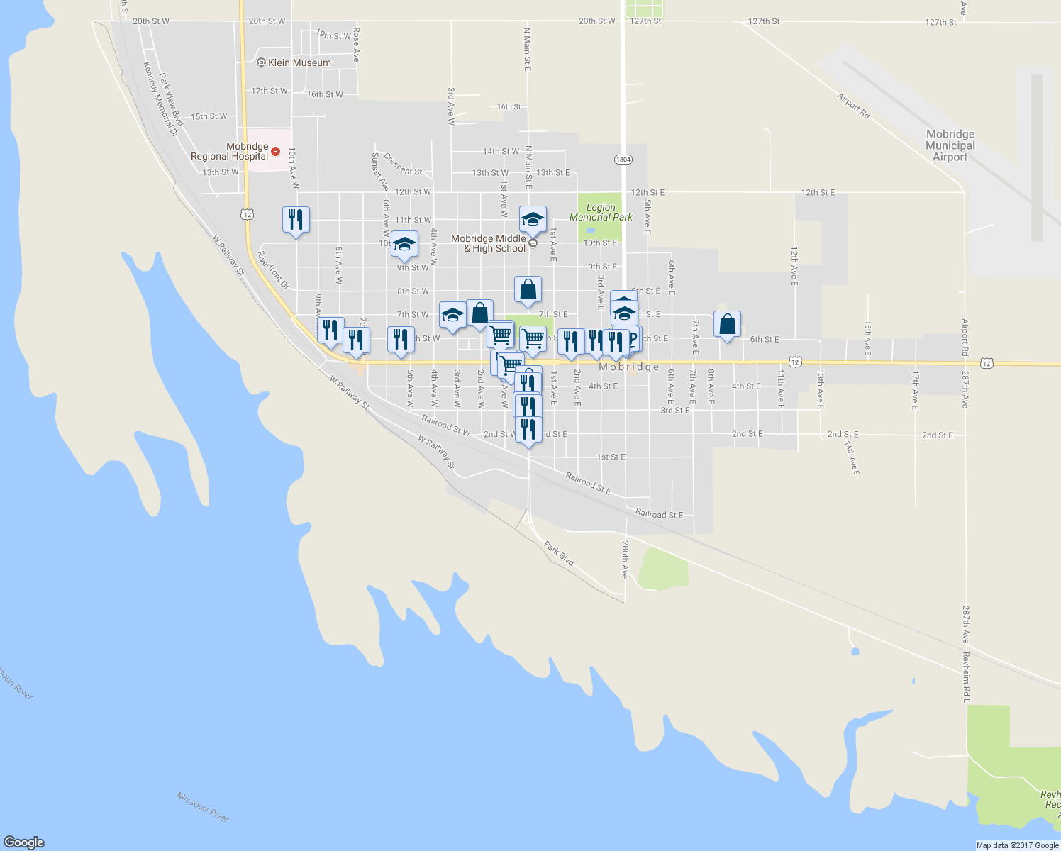 map of restaurants, bars, coffee shops, grocery stores, and more near 212 Main St in Mobridge